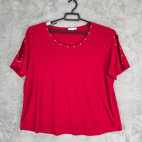 Womens Red 89th + Madison Blouse Top Cold Shoulder Rhinestones Short Sleeve 1X - Picture 2 of 10